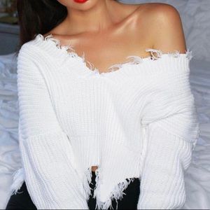 White Distressed Cropped Sweater